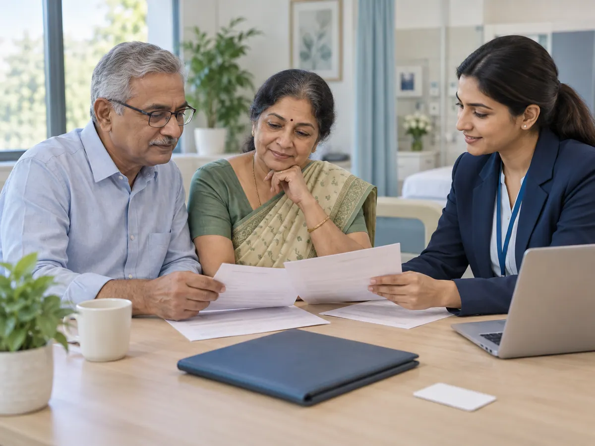 Illustration of a couple preparing insurance documents with a hospital coordinator