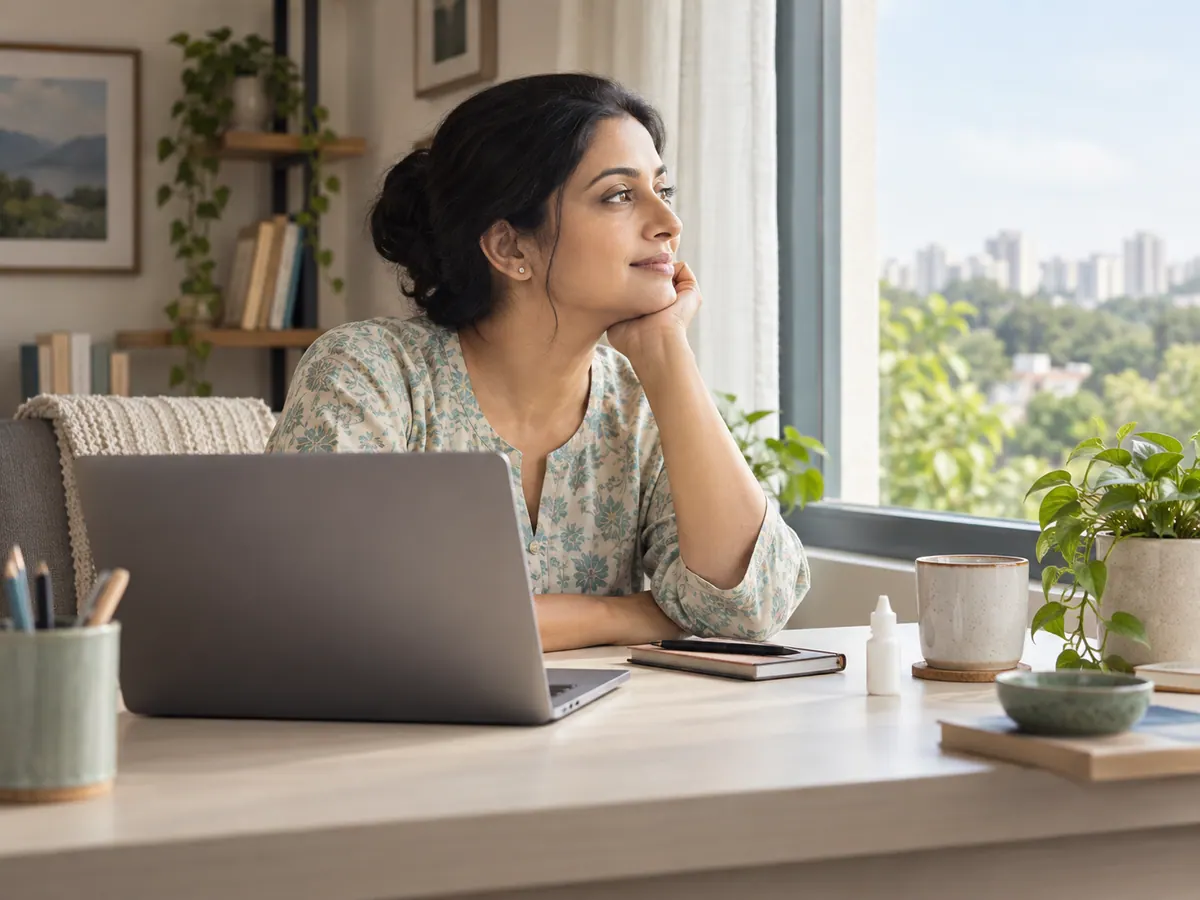 Illustration of a woman taking a visual break from her laptop