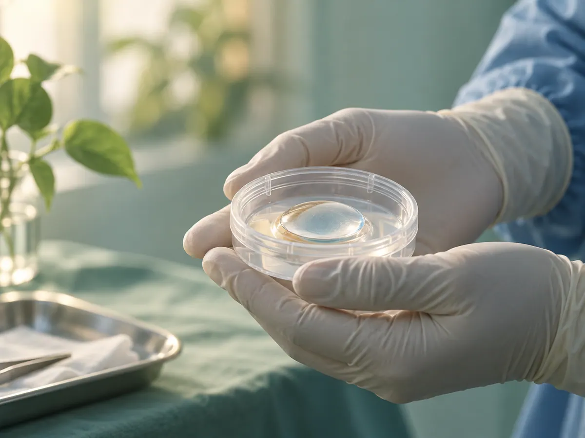 Illustration of a closed transparent corneal tissue dish held respectfully in gloved hands