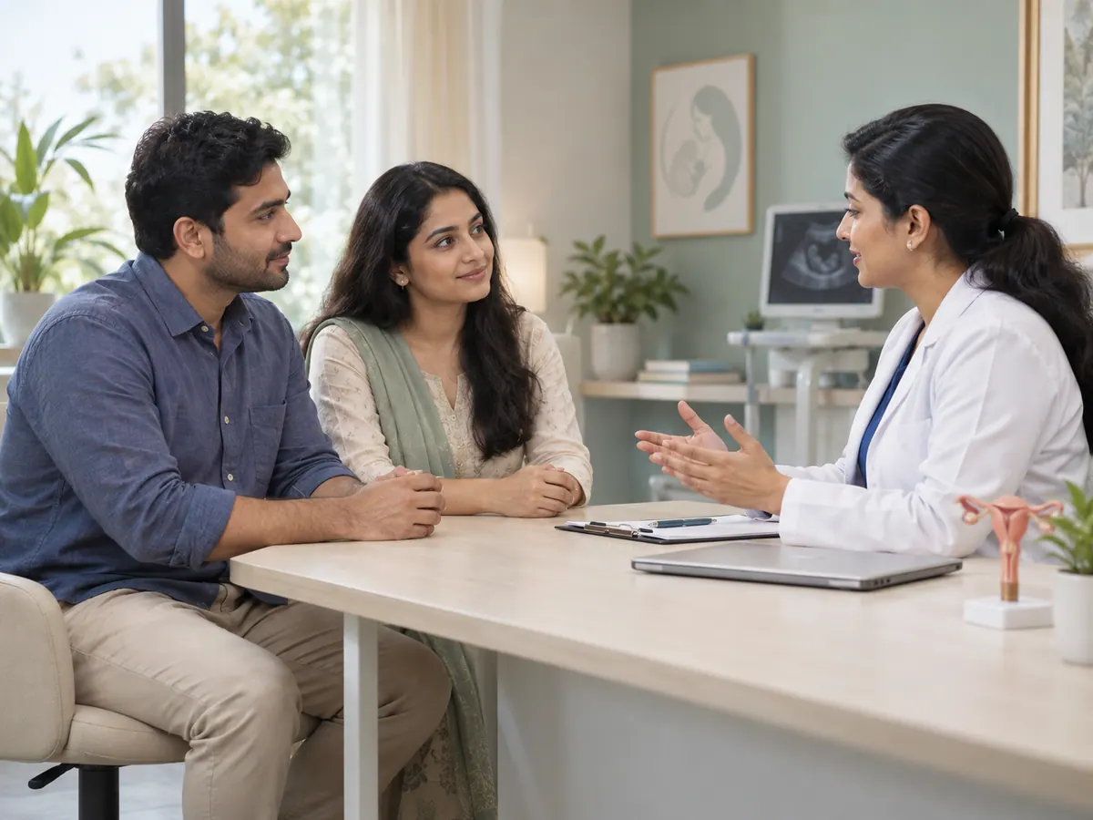 Illustration of a couple discussing fertility evaluation together
