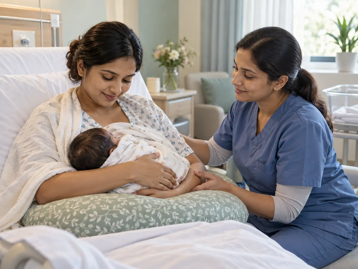 Illustration of a new mother receiving supportive infant-feeding guidance