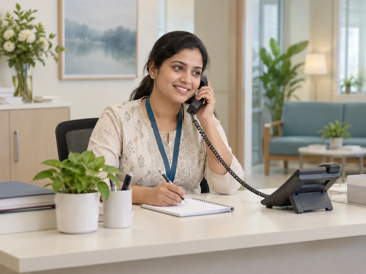 Illustration of an appointment coordinator helping a patient by phone