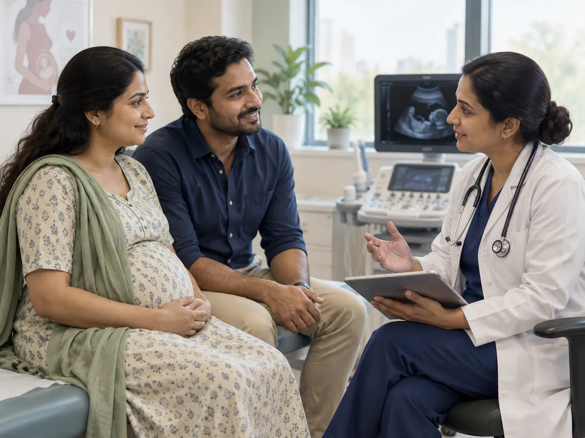 Illustration of expectant parents discussing closer pregnancy monitoring