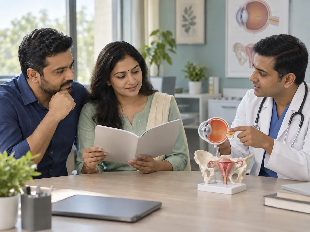 Illustration of patients discussing understandable health information with a clinician
