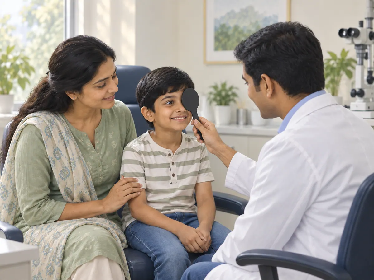 Illustration of a child having an eye check with a parent present