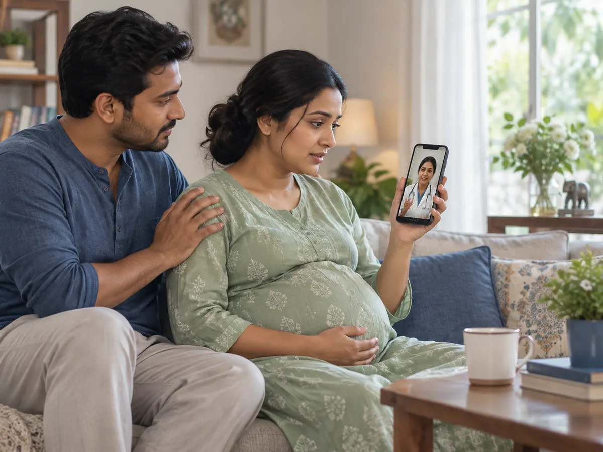 Illustration of a pregnant woman calling for medical advice with her partner nearby