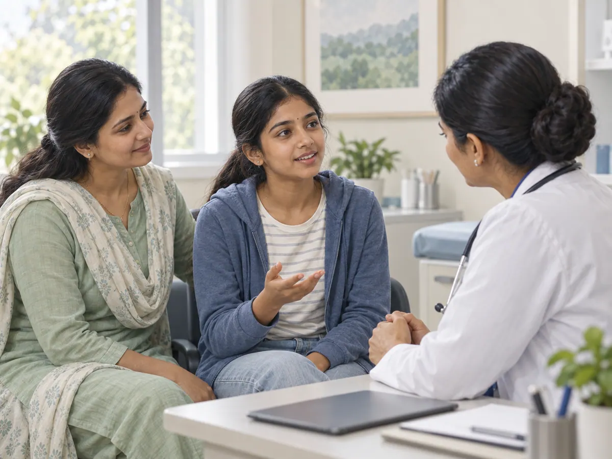 Illustration of an adolescent and her mother discussing puberty with a clinician