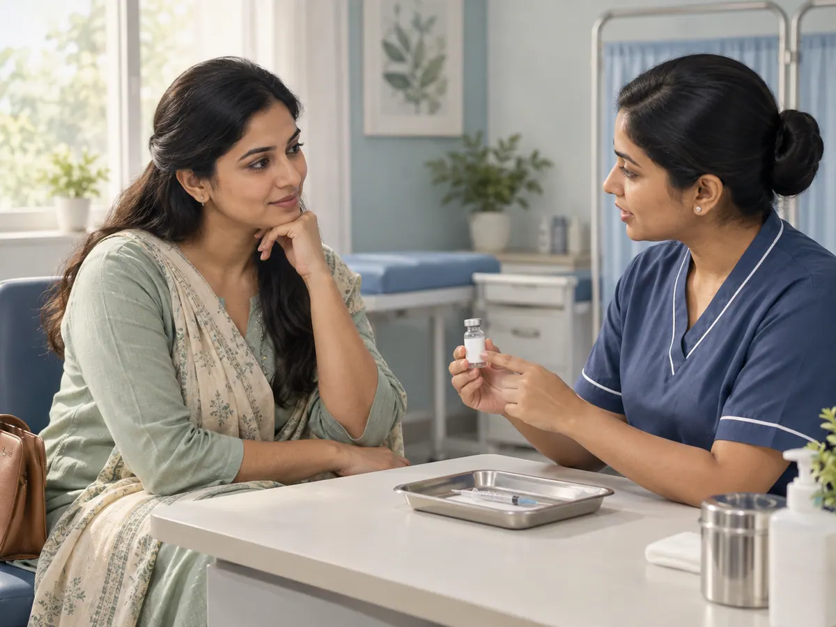 Illustration of a woman discussing vaccination with a healthcare professional